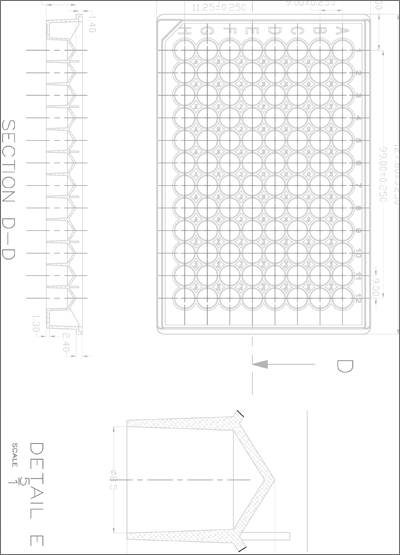 96圆孔储存微孔板(330µl, V形)技术图纸