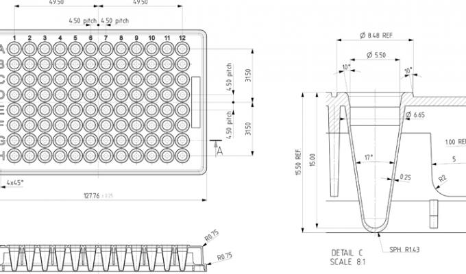 96圆孔储存微孔板(200µl, V形)技术图纸