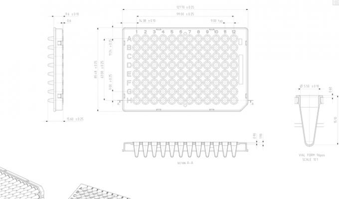 Framestar®96井半裙子PCR板，Roche风格的技术绘图